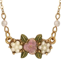 2028 Imitation Pearl Pink Enamel Flower Collar Necklace