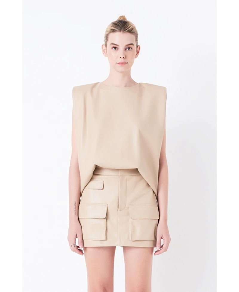Women's Shoulder Padded Leather Top