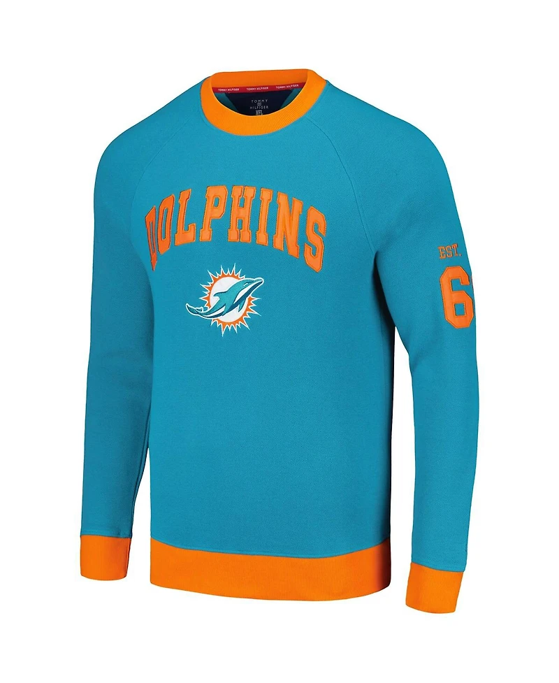Men's Tommy Hilfiger Aqua, Orange Miami Dolphins Reese Raglan Tri-Blend Pullover Sweatshirt