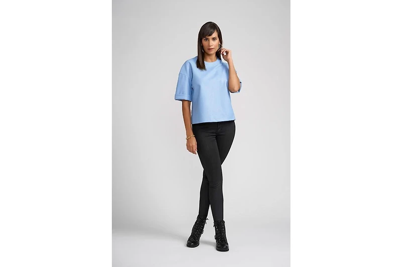 Brooke Faux Leather Crew Top-sky