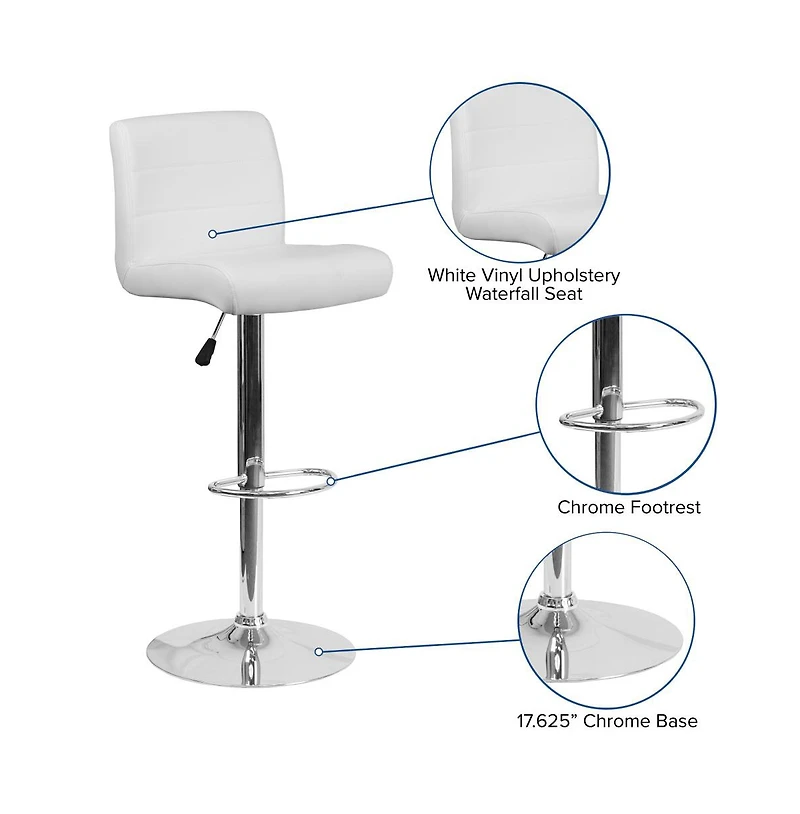 2 Pack Contemporary Vinyl Adjustable Height Barstool With Rolled Seat And Chrome Base