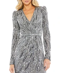 Women's Long Sleeve V Neck Beaded Cocktail Dress