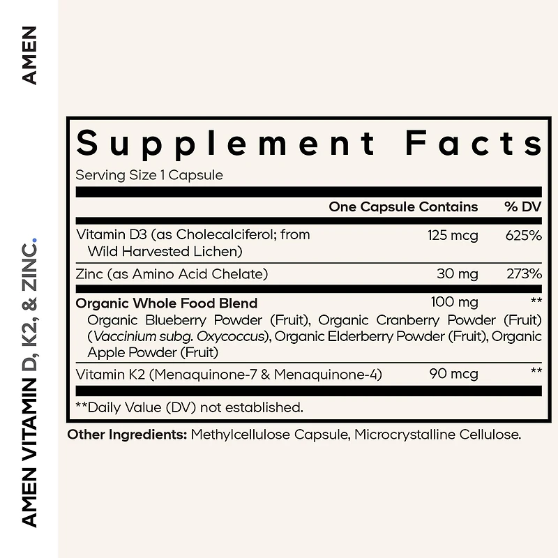 Amen Vitamin D, K2 & Zinc, Cholecalciferol D3 5000 Iu, Organic Whole Food Blend with Apple, Blueberry, Cranberry, Elderberry Powder Fruits, D3 K2 Vita