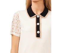 CeCe Women's Short Sleeve Polo Collar Sweater with Lace Sleeves