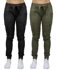 Galaxy By Harvic Women's Loose Fit Cotton Stretch Twill Cargo Joggers Set, 2 Pack