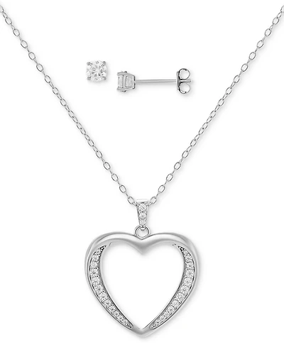 Giani Bernini 2-Pc. Set Cubic Zirconia Open Heart Pendant Necklace & Solitaire Stud Earrings in Sterling Silver, Created for Macy's
