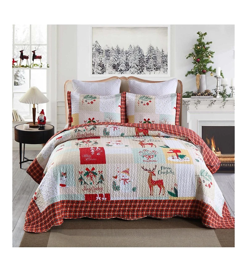 MarCielo 3 Piece Christmas Quilt Bedspread Set B023