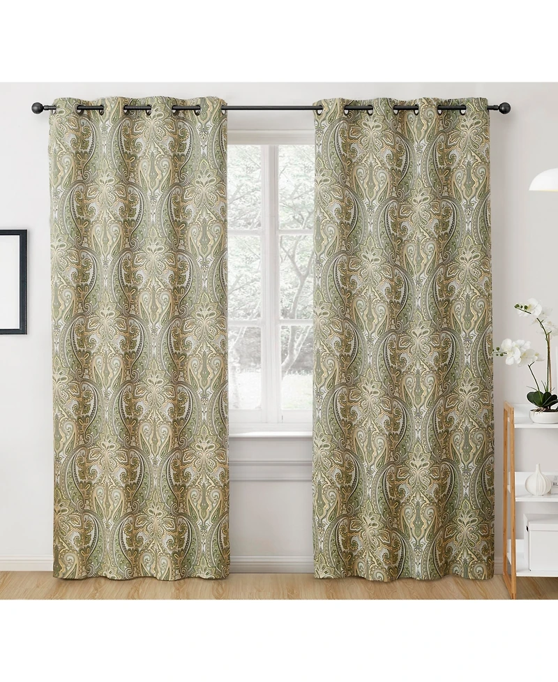 Hlc.me Paris Paisley Decorative Print Damask Pattern Light Reducing Filtering Grommet Window Curtain Panels, Set of 2 (Sage green
