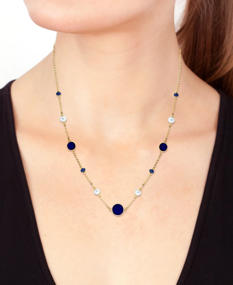 Effy Lapis Lazuli, Freshwater Pearl (4-1/2mm), & Sapphire (3/8 ct. t.w.) 17" Collar Necklace in 14k Gold
