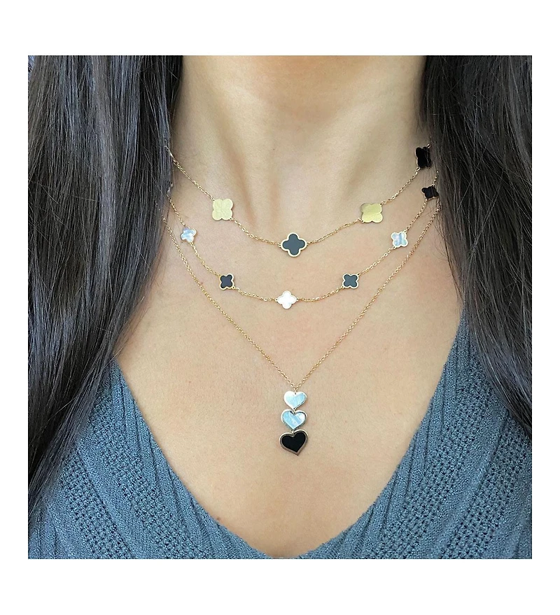 The Lovery Mini Mother of Pearl and Onyx Mixed Clover Necklace 14K Yellow Gold