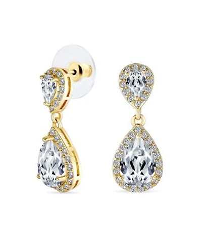 Bling Jewelry Pave Halo Dangle Teardrop Cubic Zirconia Cz Drop Earrings Prom Yellow Gold Plated Brass