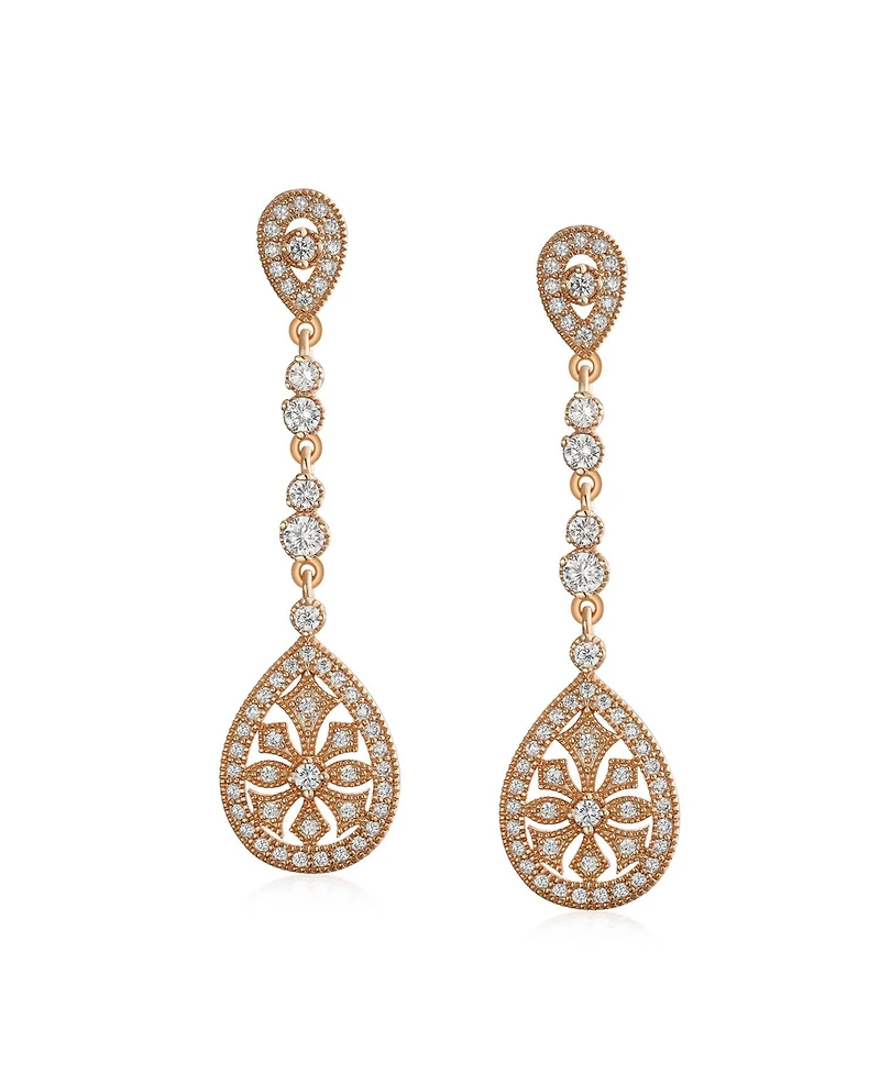 Bling Jewelry Art Deco Style Filigree Teardrop Cubic Zirconia Chandelier Clip On Earrings