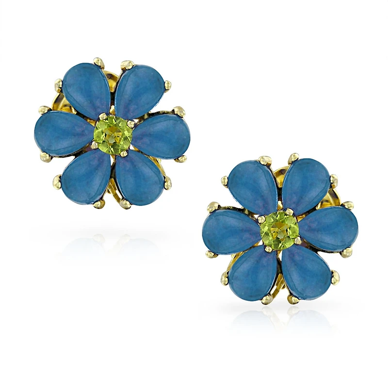 Bling Jewelry Purple Quartz Garden Flower Cz Clip-On Earrings - Non-Pierced Ears 14K Gold-Plated Sterling Silver Clip Accented with Green Cz