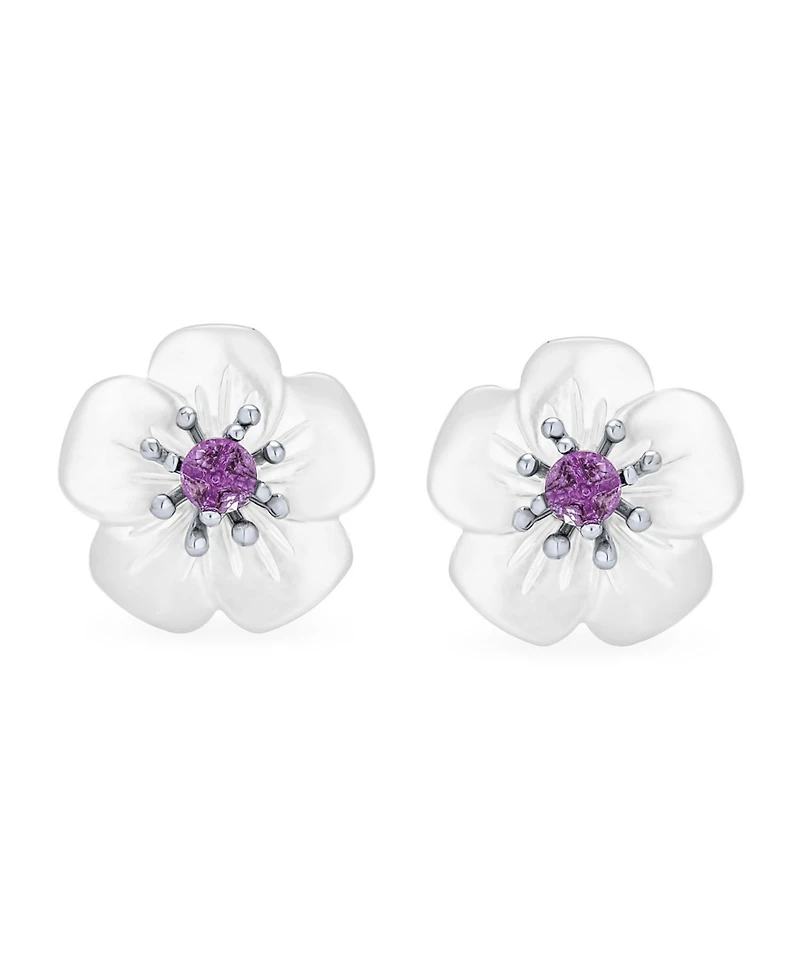 Bling Jewelry White Mother Of Pearl Mop Flower Natural Amethyst Accent Stud Earrings For Women Sterling Silver