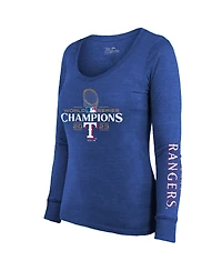 Women's Majestic Threads Royal Texas Rangers 2023 World Series Champions Tri-Blend Long Sleeve Scoop Neck T-shirt