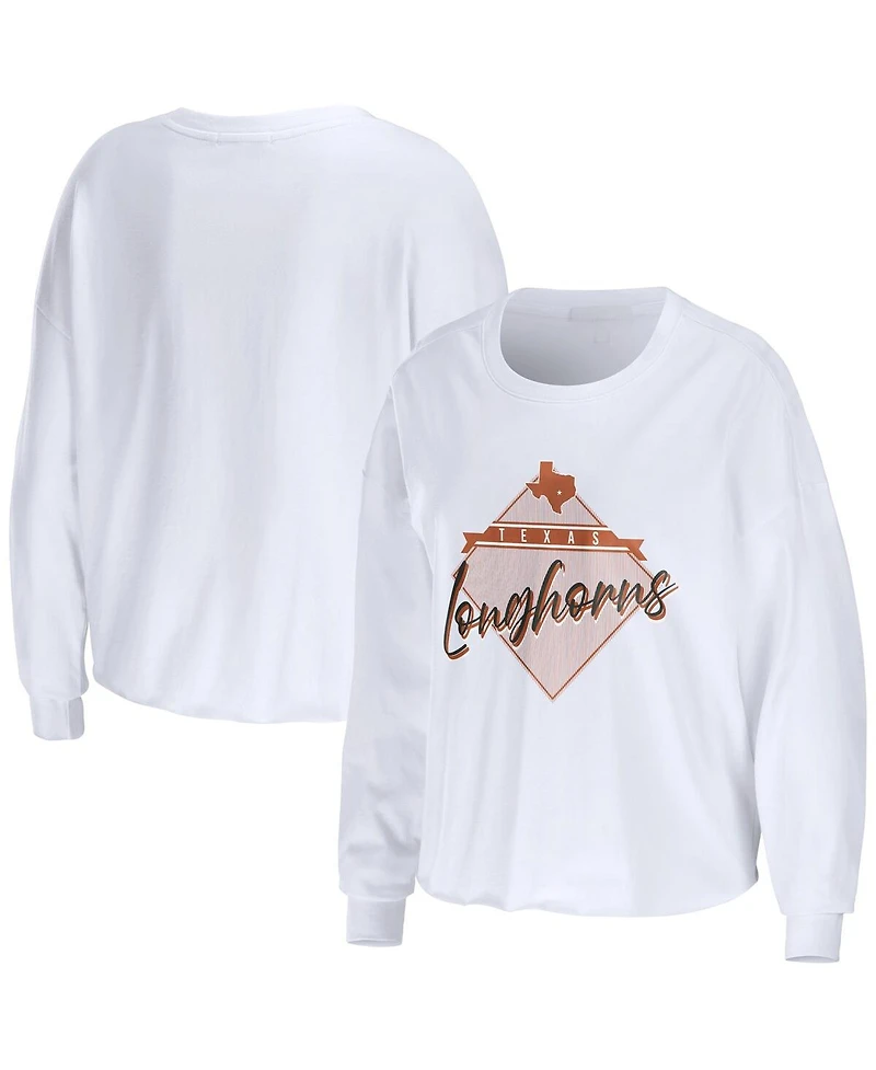 Women's Wear by Erin Andrews White Texas Longhorns Diamond Long Sleeve Cropped T-shirt