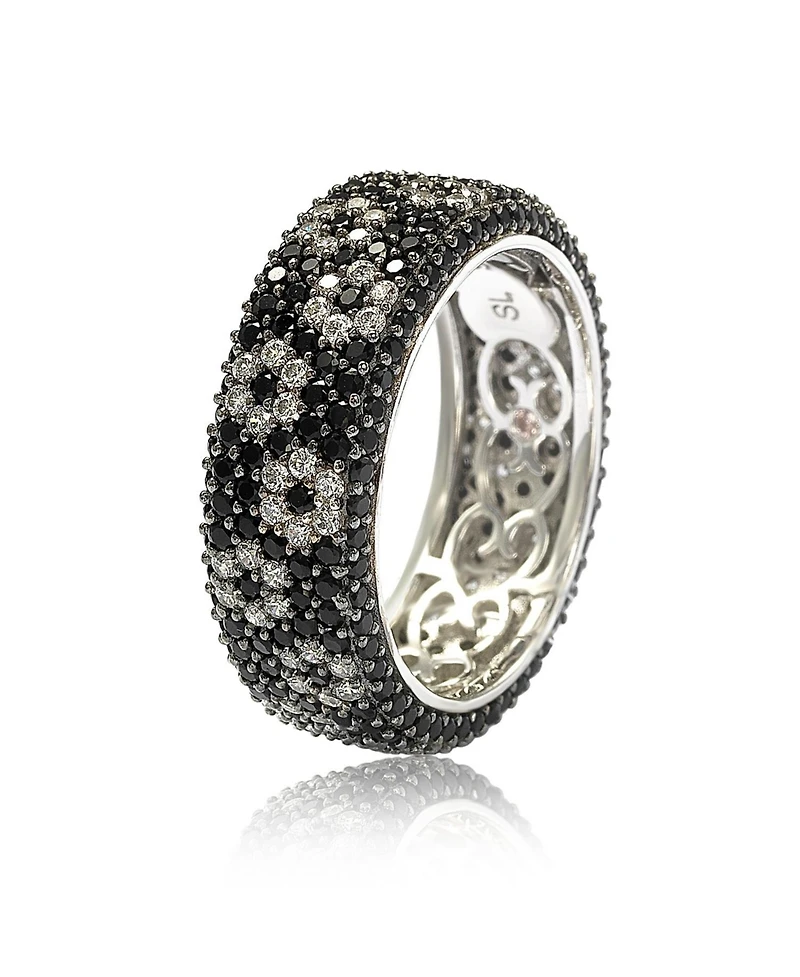Suzy Levian Sterling Silver Cubic Zirconia White & Black Pave Flower Eternity Band Ring
