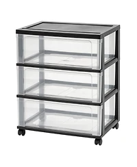 Iris Plastic 3 Drawer Wide Storage Cart with 4 Caster Wheels, Black