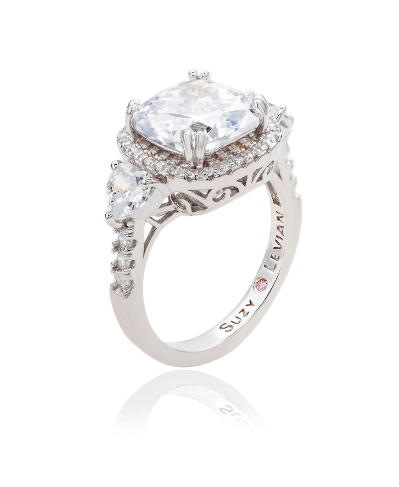 Suzy Levian Sterling Silver Cushion Cut White Cubic Zirconia Halo Bridal Ring