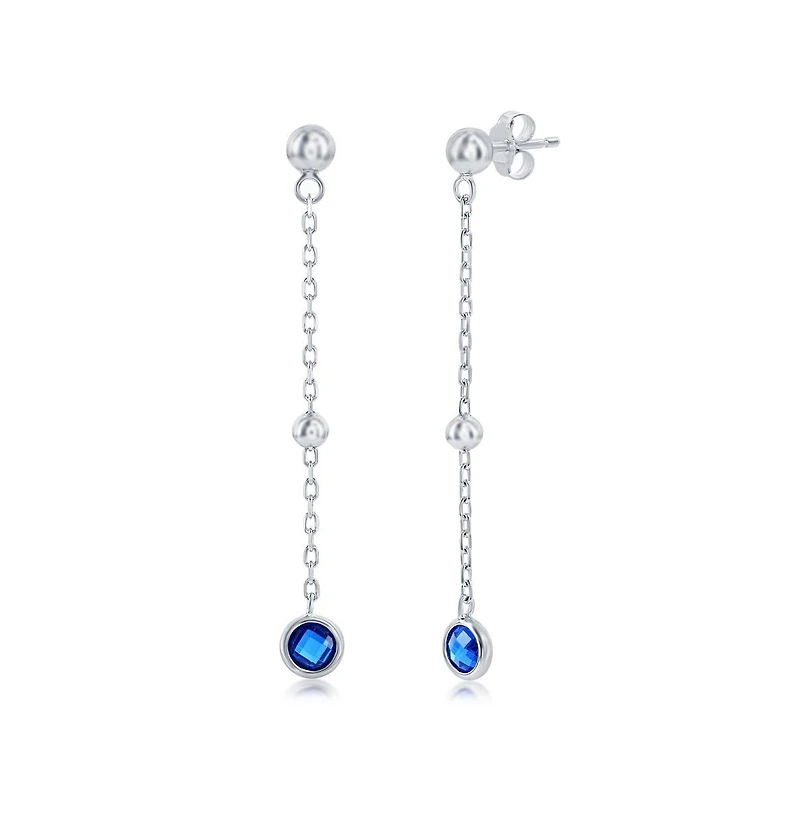 Sterling Silver Bezel-Set Cz Bead Chain Earrings (White, Green, Blue Or Red)