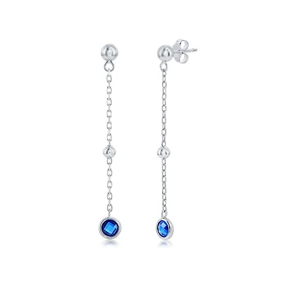 Sterling Silver Bezel-Set Cz Bead Chain Earrings (White, Green, Blue Or Red)