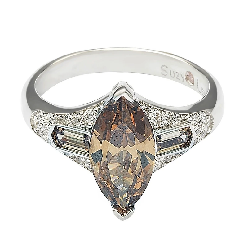 Suzy Levian Sterling Silver Cubic Zirconia Brown Marquise Center Stone Ring