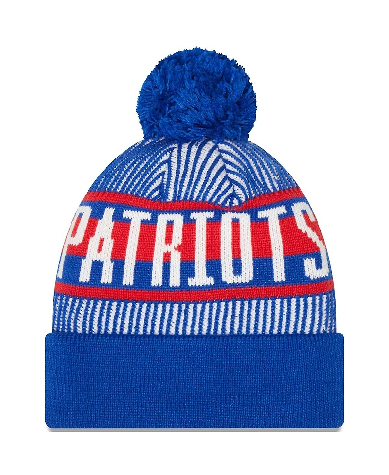 Men's New Era Royal New England Patriots Striped Cuffed Knit Hat with Pom