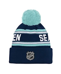 Youth Boys and Girls Seattle Kraken Deep Sea Blue Jacquard Cuffed Knit Hat with Pom