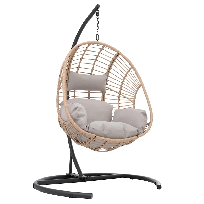 Streamdale Outdoor Indoor Swing Egg Chair Natural Color Wicker With Beige Cushion