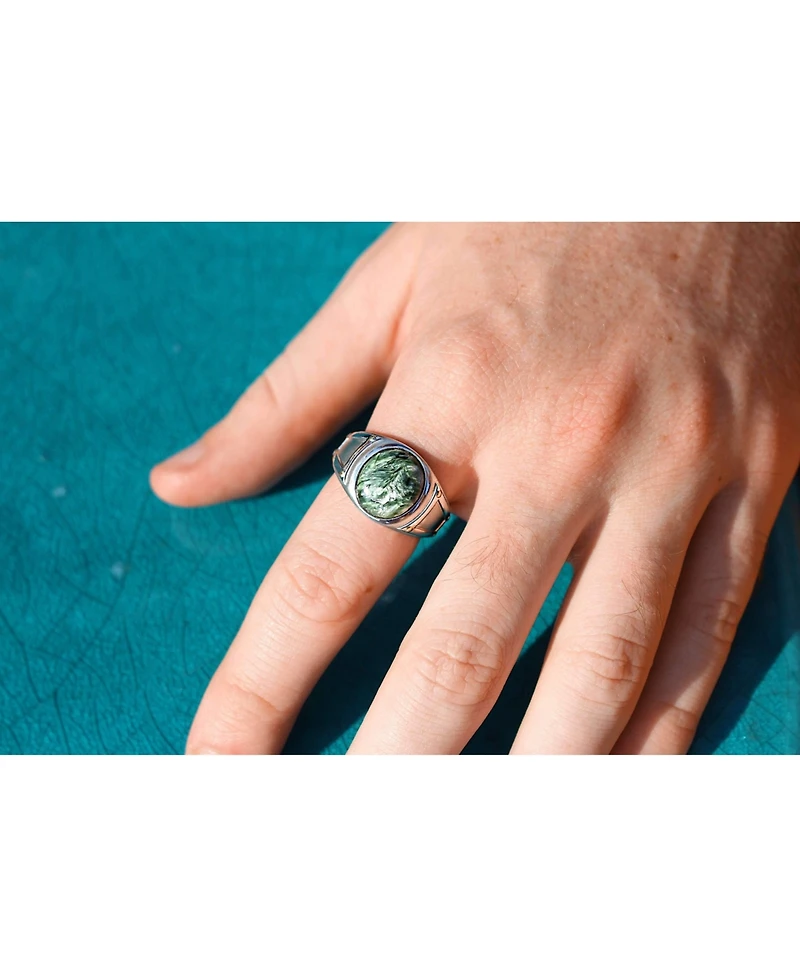 LuvMyJewelry Seraphinite Gemstone Iconic Sterling Silver Men Signet Ring