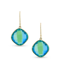 Bling Jewelry Classic 10K Gold Faceted Briolette Bezel Set Square Cushion Cut Blue Peacock Doublet Synthetic Quartz Dangle Drop Earrings Wire Fish Hoo