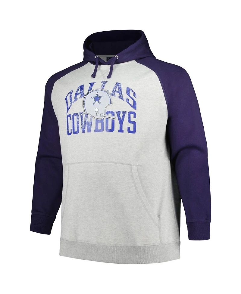Men's Profile Heather Gray, Navy Distressed Dallas Cowboys Big and Tall Favorite Arch Throwback Raglan Pullover Hoodie