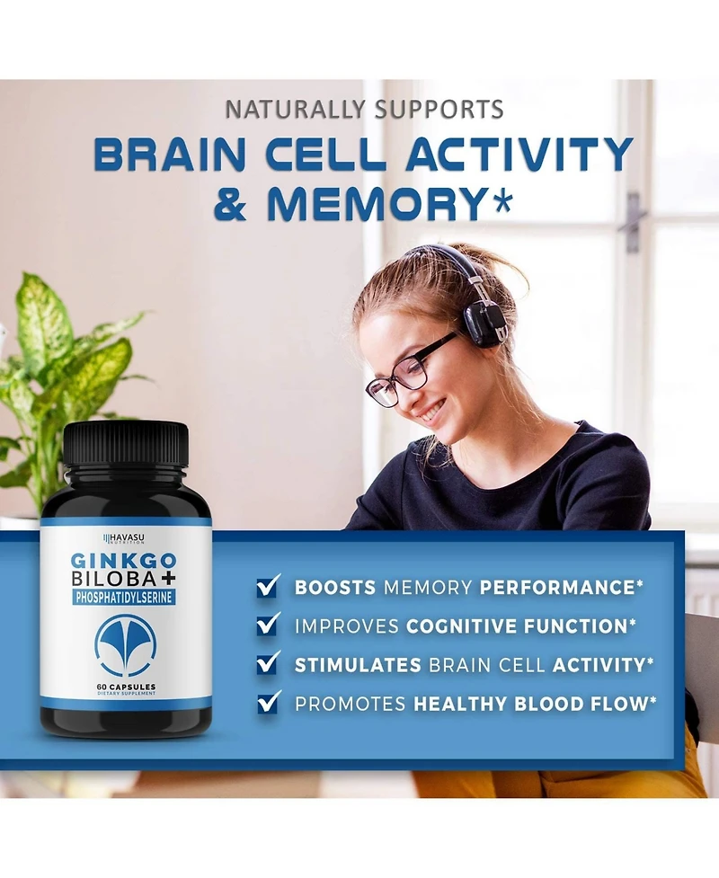 Ginkgo Biloba 120mg Capsules, Supports Brain Health, Mental Alertness, Memory & Focus, Havasu Nutrition, 60ct