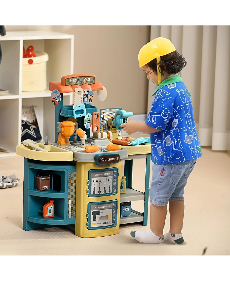 Qaba Kids Tool Set, 47 Pieces Pretend Play Kids Workbench, Toddler Tool Bench & Trolley for Children, Gift for Boys and Girls Aged 3-6 Years Old