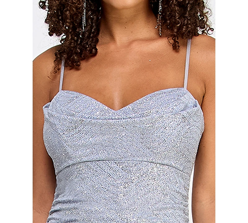 Emerald Sundae Juniors' Glitter Draped Front Gown