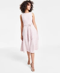 Calvin Klein Women's Jewel-Neck Sleeveless Belted Tweed Midi Dress