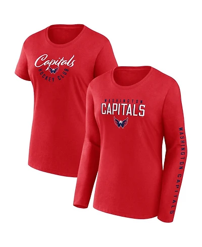 Women's Fanatics Red Washington Capitals Long and Short Sleeve Two-Pack T-shirt Set