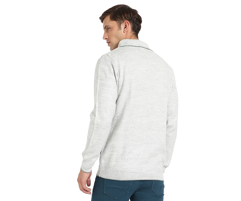 Campus Sutra Men's Light Grey Herringbone Textured Pullover Sweater