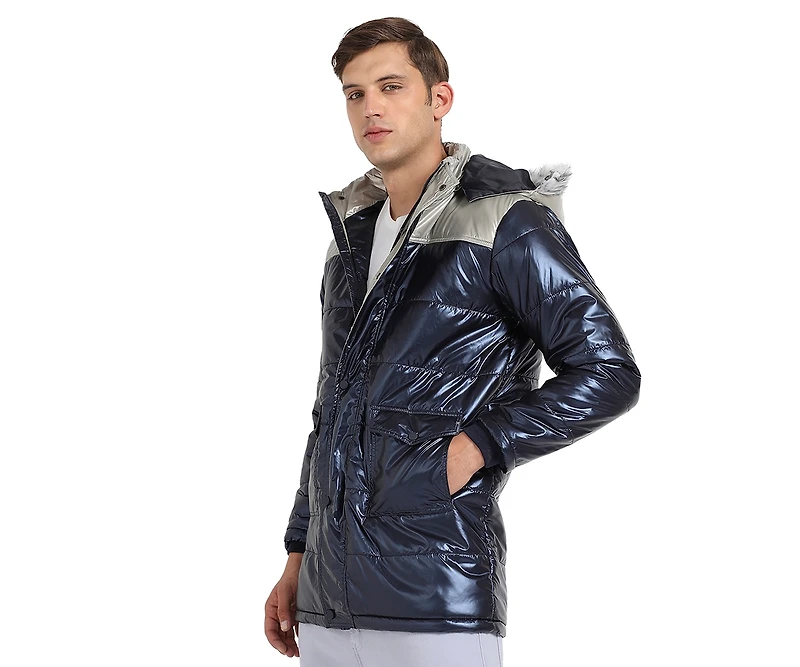 Campus Sutra Men's Blue & Beige Zip-Front Puffer Jacket With Fur Detail