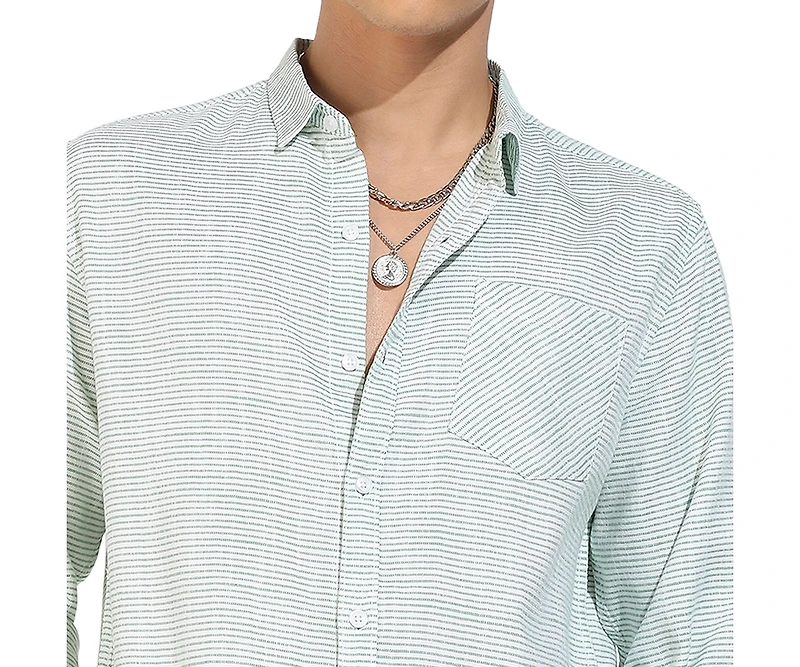 Campus Sutra Men's White & Green Horizontal Chalk Striped Shirt