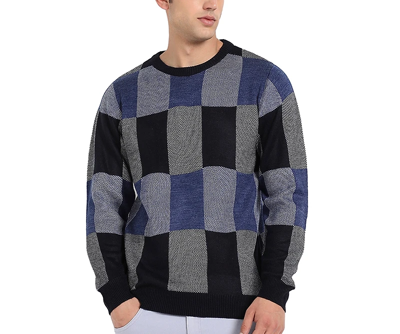 Campus Sutra Men's Blue Block Check Pullover Sweater