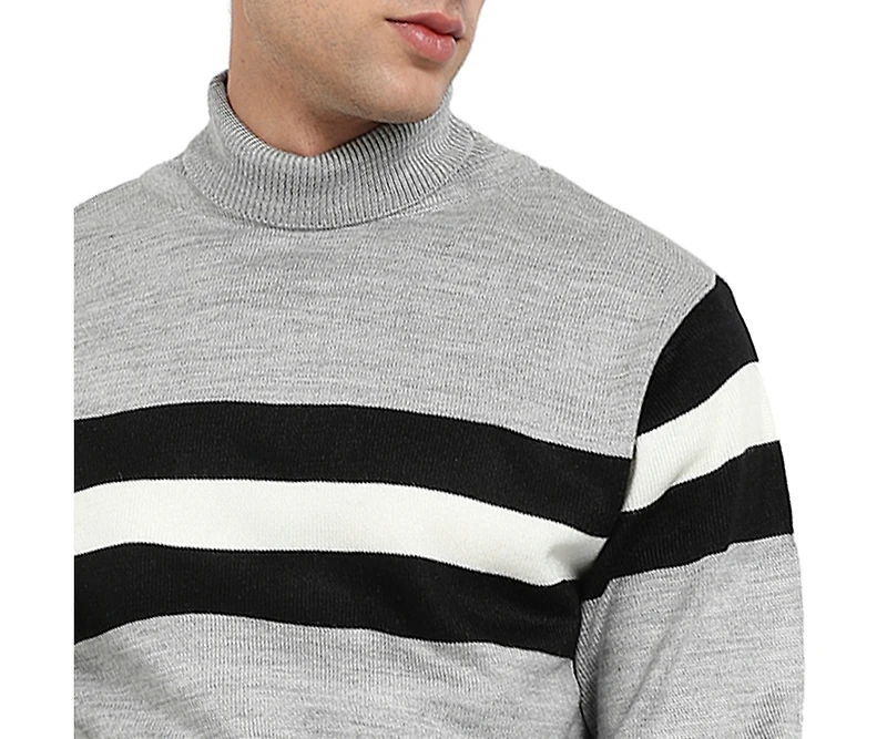Campus Sutra Men's Light Grey Relaxed Horizontal Striped Pullover Sweater