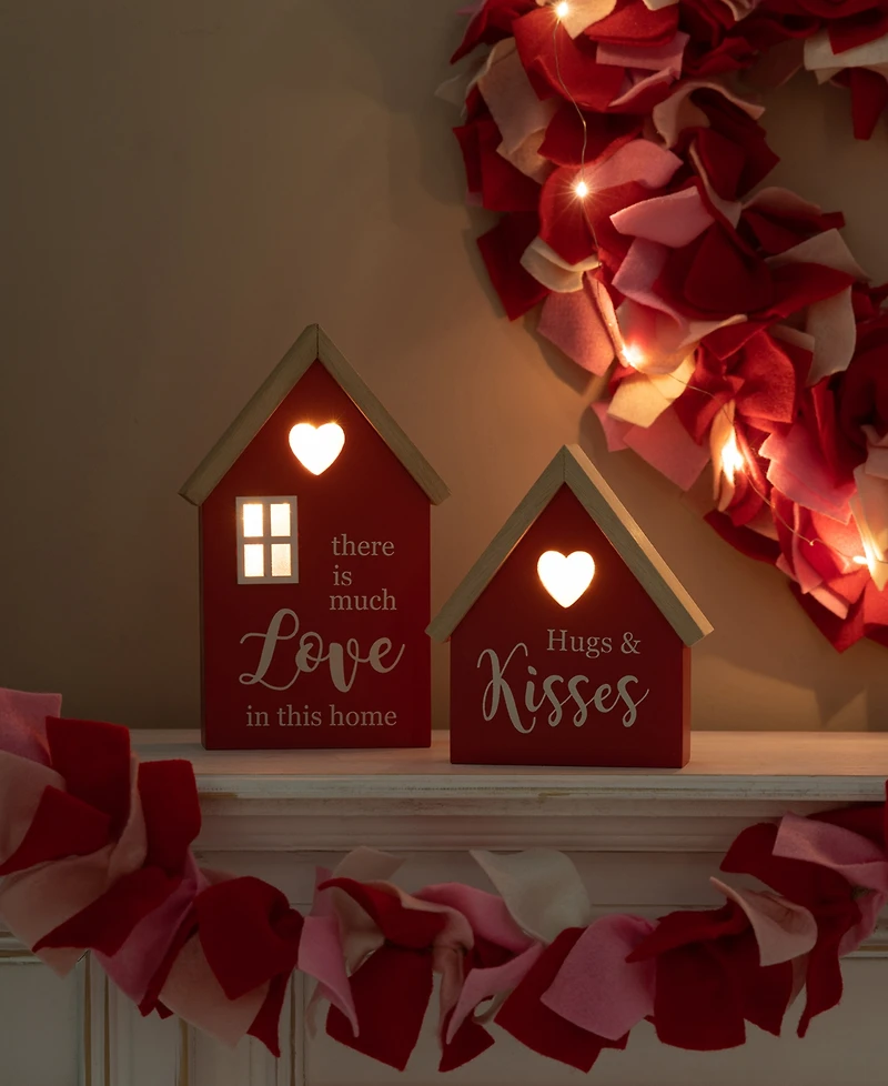 Glitzhome Lighted Valentine's Wooden House-Shaped Table Decor, Set of 2