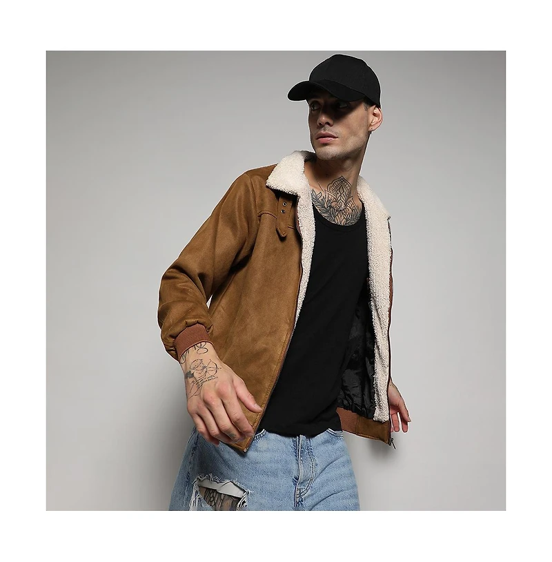 Campus Sutra Men's Brown Zip-Front Jacket With Fleece Detail