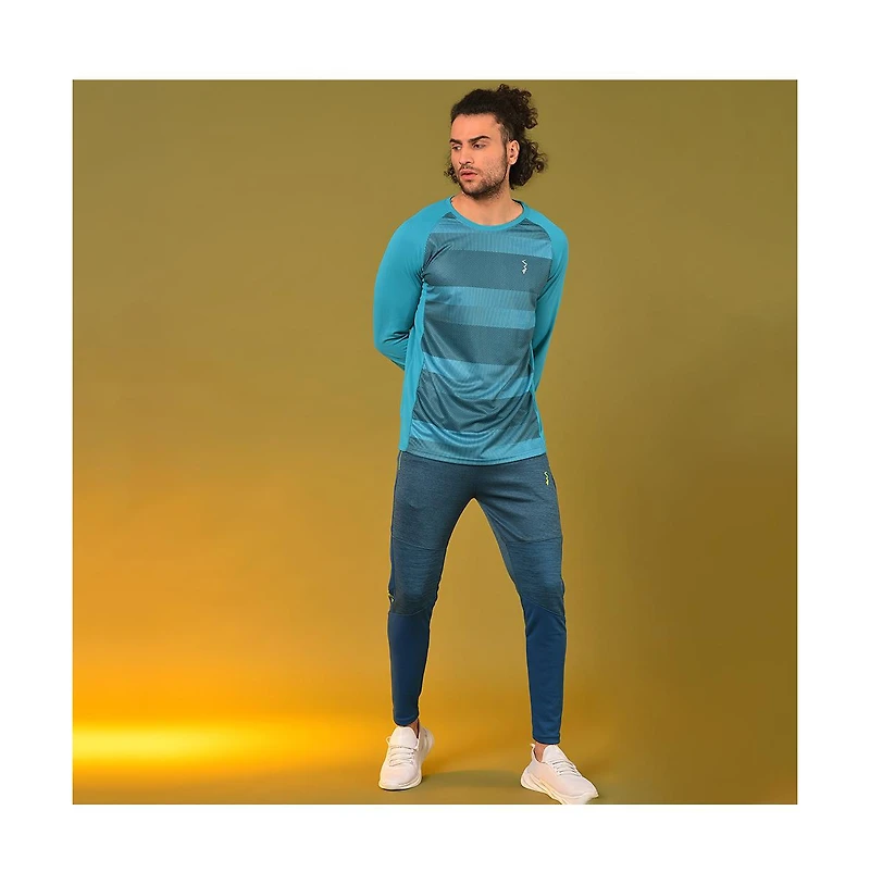 Campus Sutra Men's Aqua Blue Contrast Panel Active wear T-Shirt