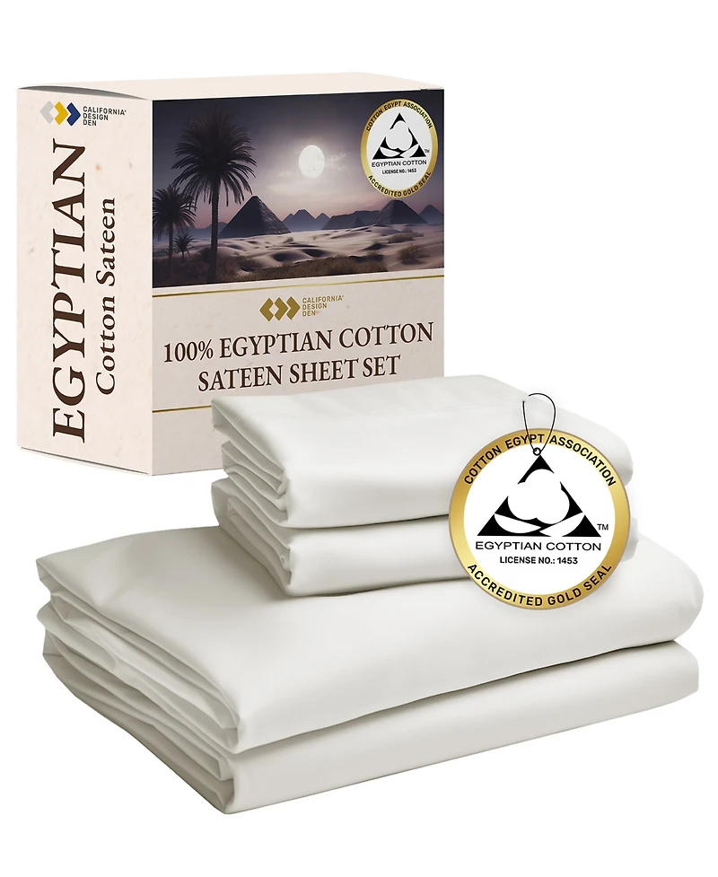 Certified Luxury 100% Egyptian Cotton Sheets, 4 Piece Deep Pocket Bed Sheets Set, Sateen Cooling for Hot Sleepers by California Design Den