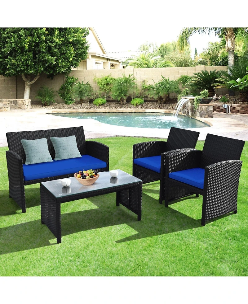 4 Pieces Rattan Patio Furniture Set with Weather Resistant Cushions and Tempered Glass Tabletop
