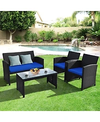 4 Pieces Rattan Patio Furniture Set with Weather Resistant Cushions and Tempered Glass Tabletop