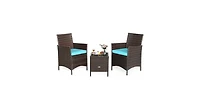3 Pieces Patio Rattan Furniture Set Cushioned Sofa and Glass Tabletop Deck