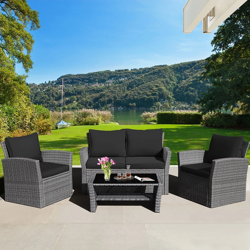 Slickblue 4 Pieces Patio Rattan Furniture Set Sofa Table with Storage Shelf Cushion